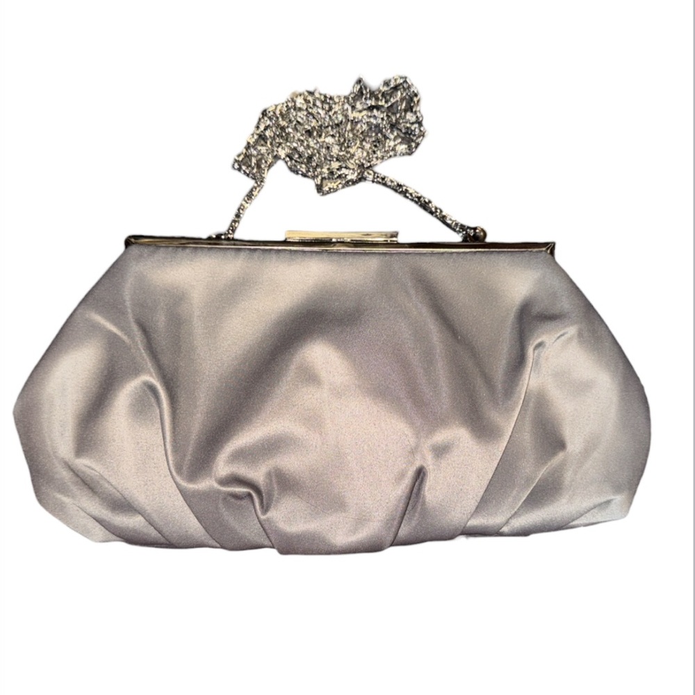 Lulu Townsend Silver Gray Satin Clutch Purse with Chain Strap Ruched Evening Bag